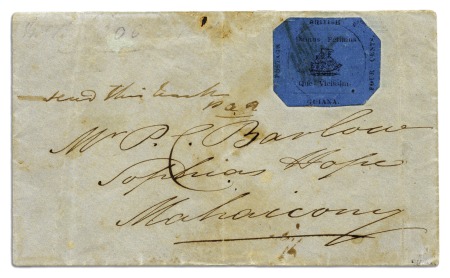 Stamp of British Guiana 1856 Provisional 4 cents black on blue surface gla