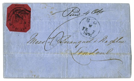 Stamp of British Guiana 1856 Provisional 4 cents black on magenta, initial