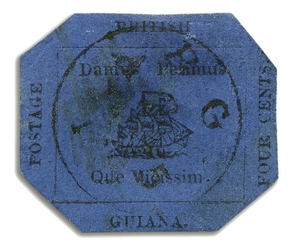 Stamp of British Guiana 1856 Provisional 4 cents black on blue glazed surf