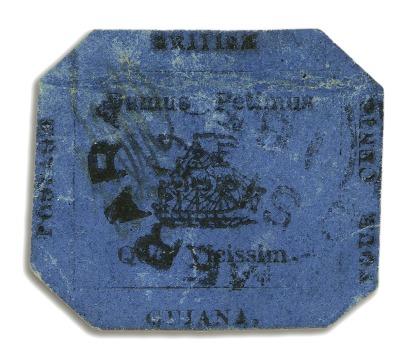 Stamp of British Guiana 1856 Provisional 4 cents black on blue glazed surf