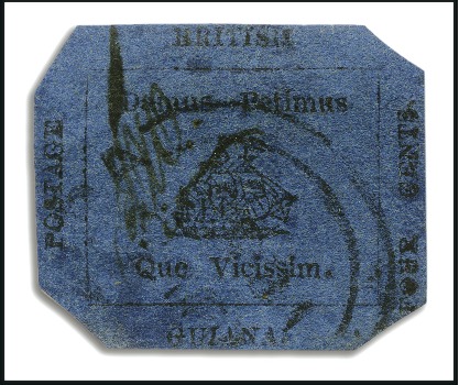 Stamp of British Guiana 1856 Provisional 4 cents black on dark blue colour