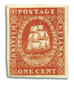Stamp of British Guiana 1853 Waterlow lithographed 1 cent vermilion, brill