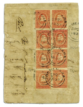 Stamp of British Guiana 1853 Waterlow lithographed 1 cent vermilion, two v