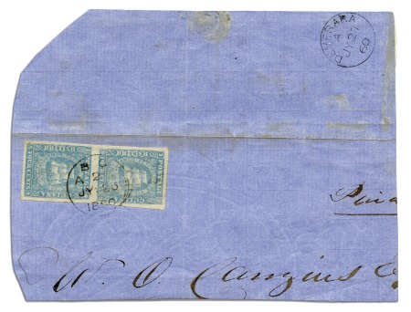 Stamp of British Guiana 1860 figures framed 4 cents, range on two pages wi