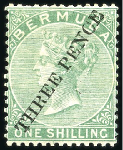 Stamp of Bermuda 1874 3d on 1s Green, mint original gum but with he