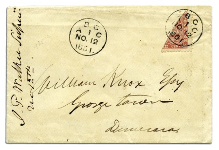 Stamp of British Guiana 1860-76 Ship issue 8 cents brownish red, diagonal 