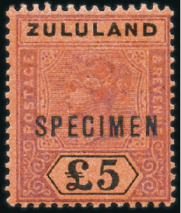 Stamp of South Africa » Zululand 1894 £5 Purple & Black on red with SPECIMEN overpr