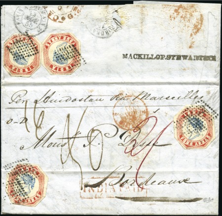 Stamp of India » 1854 Lithographs  1855 (Oct 8) Entire from Calcutta to France with four 1854 4a blue & red, head III frame II, franked on both sides