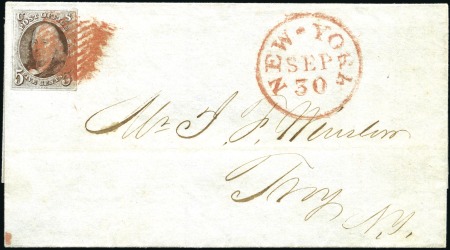 Stamp of United States 1847 5c black-brown with large margins, tied by re
