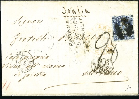 Stamp of Chile 1869 Cover to Italy with Chile 10c blue tied by "2