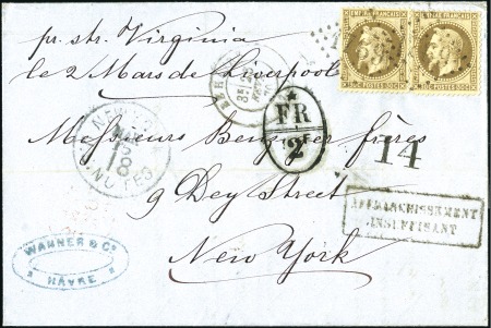 Stamp of France 1870 Lettre pour les USA avec 30c Lauré x2 (un coi