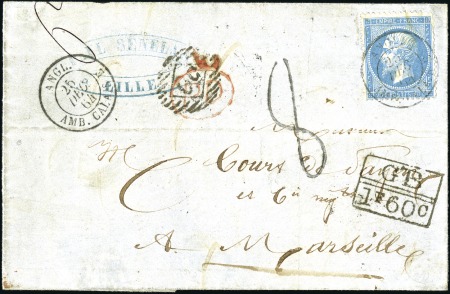 Stamp of France 1862 20c bleu (déf.) obl. càd ANGL 25 dec 64 AMB C