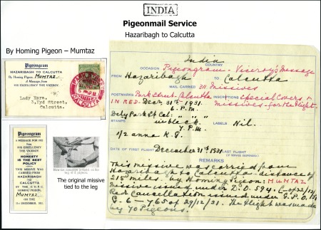 Stamp of India 1931 (Dec 31) Hazaribagh to Calcutta pigeongram se