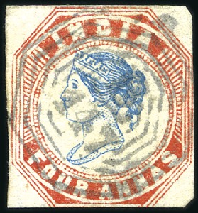 Stamp of India » Used Abroad PENANG: 1854 4a Blue & Red head III frame I, two c