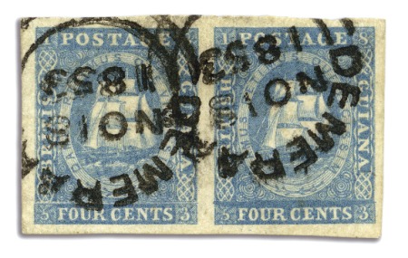 Stamp of British Guiana 1853-55 Waterlow lithographed 4 cents blue, horizo