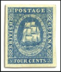 Stamp of British Guiana 1853-55 Waterlow lithographed 4 cents first state 