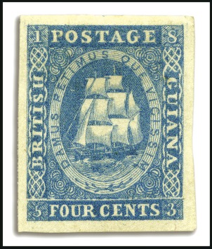 Stamp of British Guiana 1853-55 Waterlow lithographed 4 cents first state 