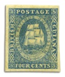 Stamp of British Guiana 1853-55 Waterlow lithographed 4 cents first state 