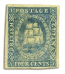 Stamp of British Guiana 1853-55 Waterlow lithographed 4 cents first state 
