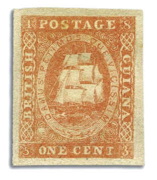 Stamp of British Guiana 1853-59 Waterlow lithographed 1 cent dull red type
