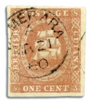 Stamp of British Guiana 1853-59 Waterlow lithographed 1 cent second stone 