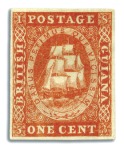 Stamp of British Guiana 1853-59 Waterlow lithographed 1 cent first stone s