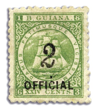 Stamp of British Guiana 1881 2 cent on 24 cent green (SG O5) with missing 