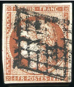 Stamp of France 1849 1F vermillon, obl. grille, trois belles marge