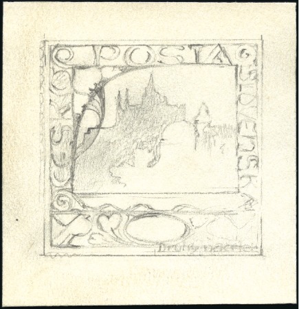 Stamp of Czechoslovakia 1918 HRADCANY - Handpainted essay in pencil on car