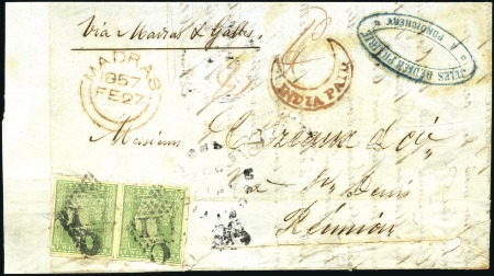 Stamp of India 1857 Cover from PONDICHERRY to REUNION with 1854 2