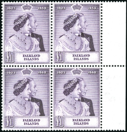 Stamp of Falkland Islands 1948 Silver Wedding £1 in marginal block of 4, min