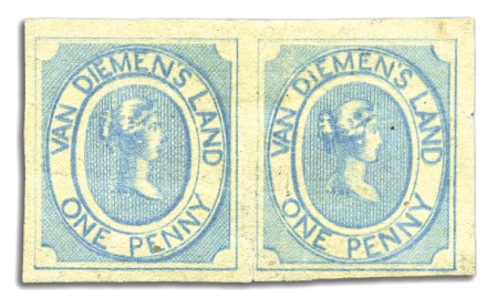 Stamp of Australia » Tasmania 1853 1d Pale "milky" blue unused pair, early impre