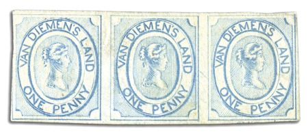 Stamp of Australia » Tasmania 1853 1d Pale blue unused strip of three, worn impr