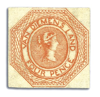 Stamp of Australia » Tasmania 1853 4d Bright Orange unused, pl.2, just clear mar