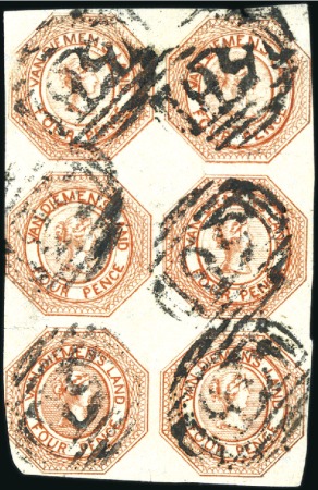 Stamp of Australia » Tasmania 1853-54 Courier 4d red-orange used block of six, p