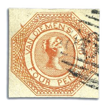 Stamp of Australia » Tasmania 1853 4d Bright Red-Orange used, pl.1 1st state, fi