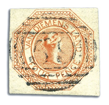 Stamp of Australia » Tasmania 1853 4d Bright Red-Orange used, pl.1 1st state, fi