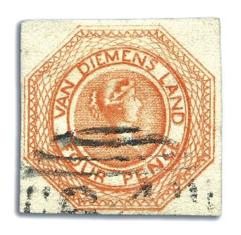 Stamp of Australia » Tasmania 1853 4d Bright Red-Orange, plate 2, earliest impre