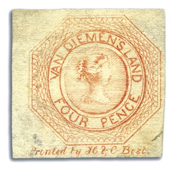 Stamp of Australia » Tasmania 1853 4d Orange pl.1 2nd state, two unused from pos