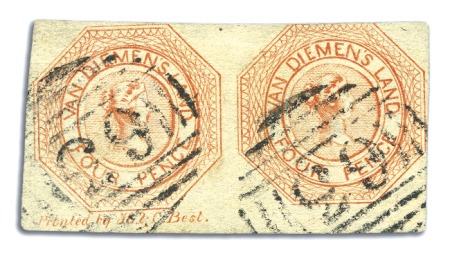Stamp of Australia » Tasmania 1853 4d Orange, plate 1, state 2, used selection w