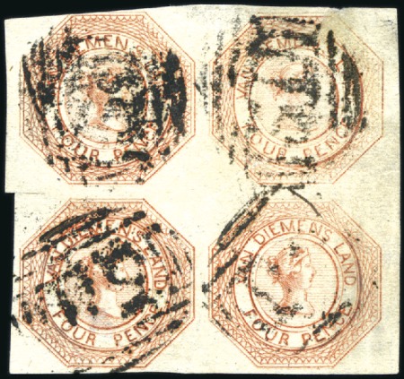 Stamp of Australia » Tasmania 1853-54 Courier 4d orange, plate 1, used block of 