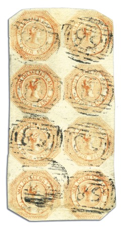 Stamp of Australia » Tasmania 1853 4d Orange, plate 1, used block of eight, worn