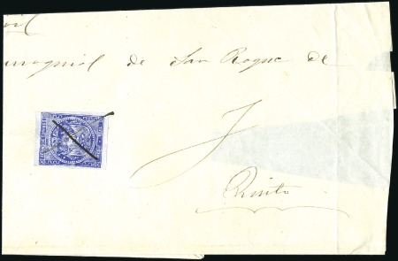 Stamp of Ecuador » 1865-72 First Issue 1/2r Blue, 3rd printing, cancelled ms on large par