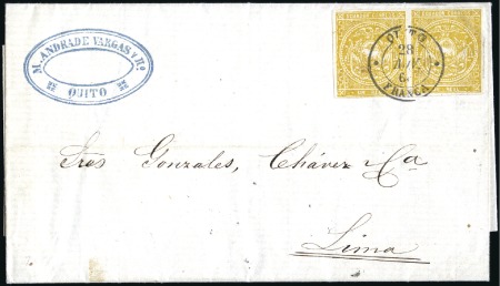 Stamp of Ecuador » 1865-72 First Issue 1r Dark yellow, pair tied by neat QUITO 28 NOV 68 