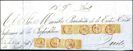 Stamp of Ecuador » 1865-72 First Issue 1r Orange, 6th printing, two strips of four and si