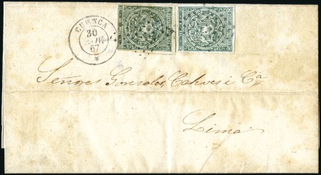 Stamp of Ecuador » 1865-72 First Issue 1r Green, two examples in different shades, tied b