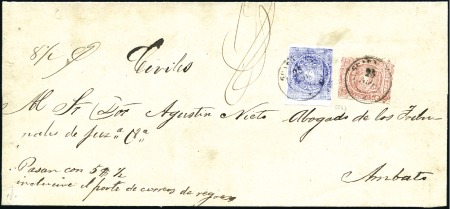 Stamp of Ecuador » 1865-72 First Issue 4r Rose (small tear) and 1/2r blue tied by Guarand