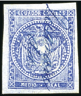 Stamp of Ecuador » 1865-72 First Issue CANCELS: Esmeraldas ms on two 1/2r blue singles an