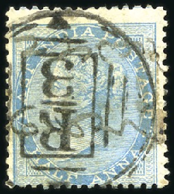 Stamp of India JC TYPE 9 var 4: Three 1/2a blue with "R / 3" type