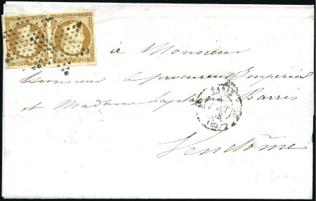 Stamp of France 1853 10c Présidence en paire (pli repassé en haut)